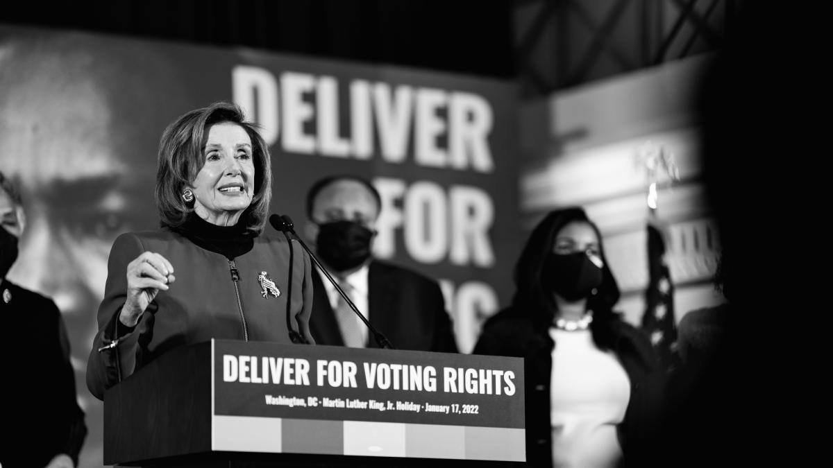 Congresswoman Nancy Pelosi speaks at a “Deliver for Voting Rights” press conference 