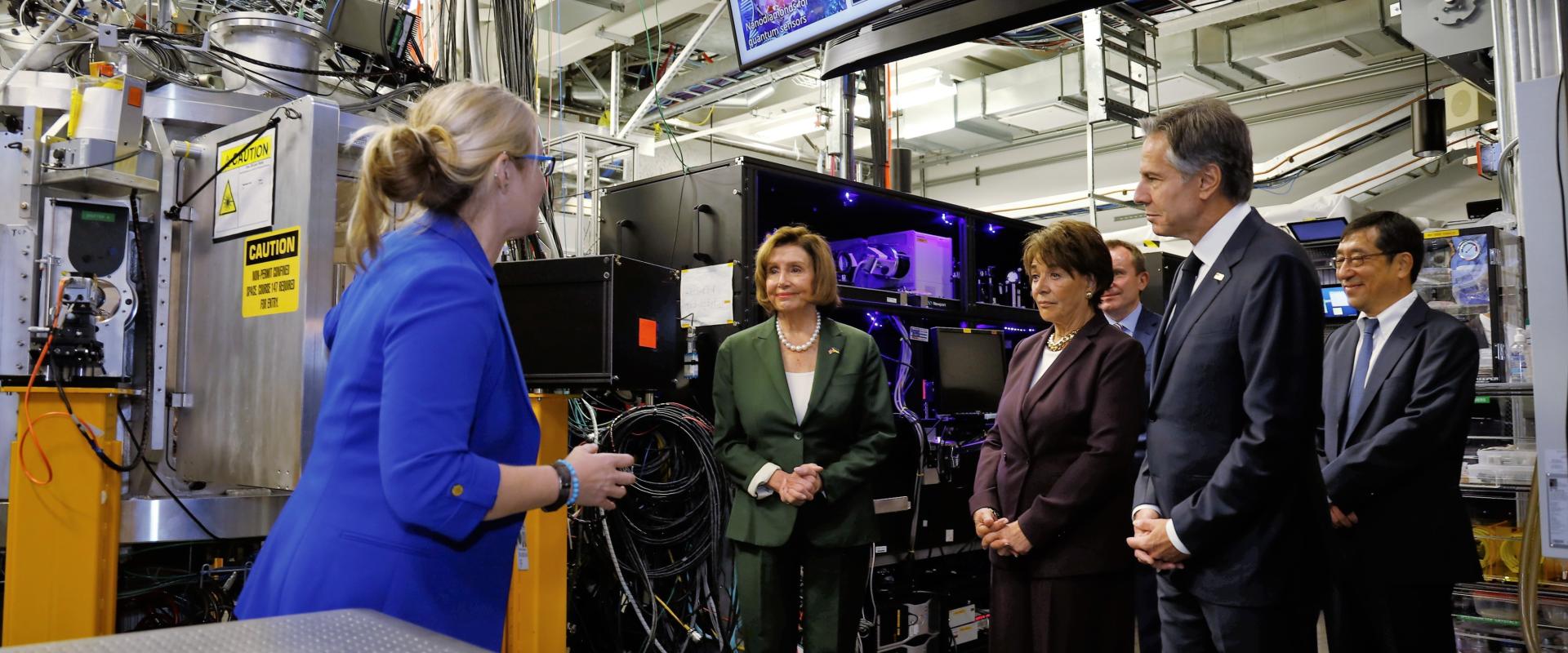 Congresswoman Nancy Pelosi joined Secretary of State Antony Blinken, Congresswoman Anna Eshoo and local scientists for a tour of the SLAC National Accelerator Laboratory at Stanford. The tour highlighted world  class U.S. research in biotech and energy as 