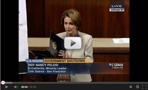 Congresswoman Nancy Pelosi on the floor of the House of Representatives demanding a vote to allow an end to the government shutdown.