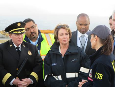 Congresswoman Pelosi with San Francisco Fire Department Chief JoAnne Hayes-White and National Transportation Safety Board Chair Deborah Hersman during their tour of the Asiana Flight 214 Crash Site.