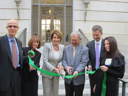 Congresswoman Nancy Pelosi is joined by artist Cliff Garten, GSA Regional Administrator Ruth Cox, Mayor Ed Lee, Administrator Daniel Tangherlini, and architect Michele MacCracken at the ribbon-cutting ceremony for 50 UN Plaza.