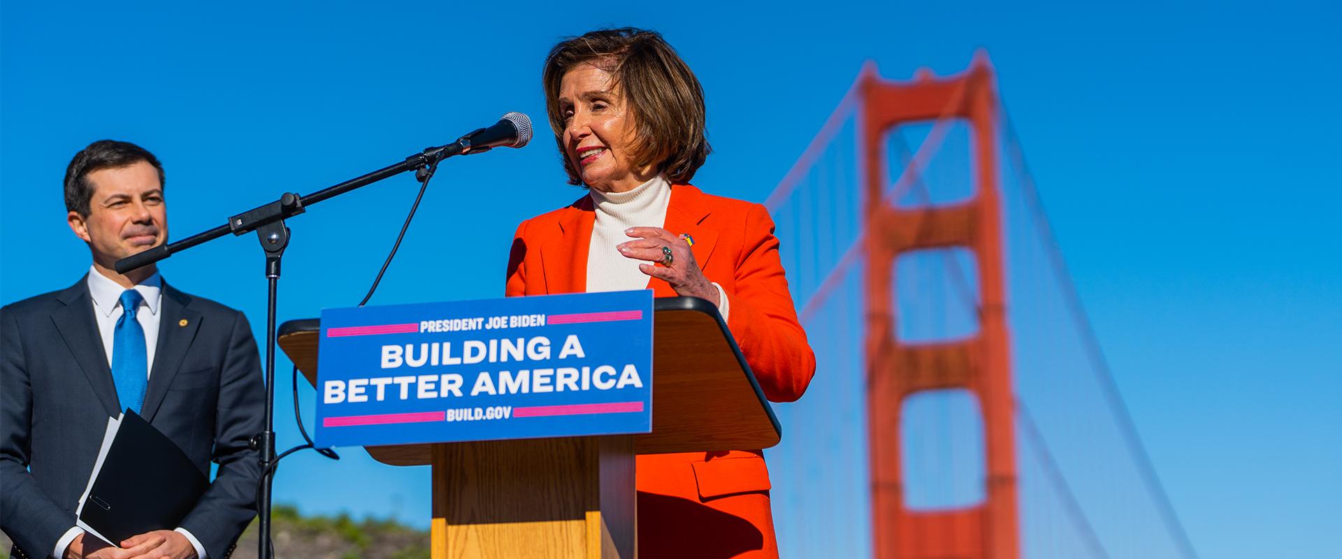 Speaker Pelosi Standing in front of the Golden Gate Bridge