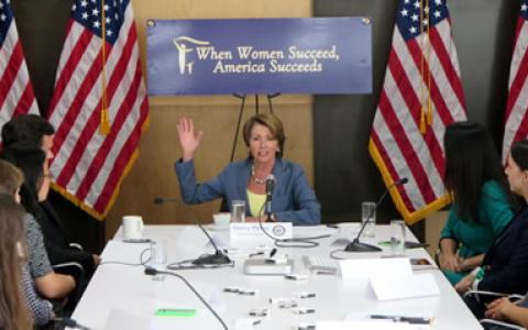 Congresswoman Pelosi participates in a women's economic roundtable with Square employees and merchants to discuss efforts to support and provide affordable tools to women entrepreneurs at Square's headquarters in SoMA.