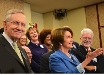 Congresswoman Nancy Pelosi joins Senator Harry Reid, Congressman Henry Waxman, Congressman George Miller, and other members of Congress to celebrate the launch of the Affordable Care Act on October 1, 2013.